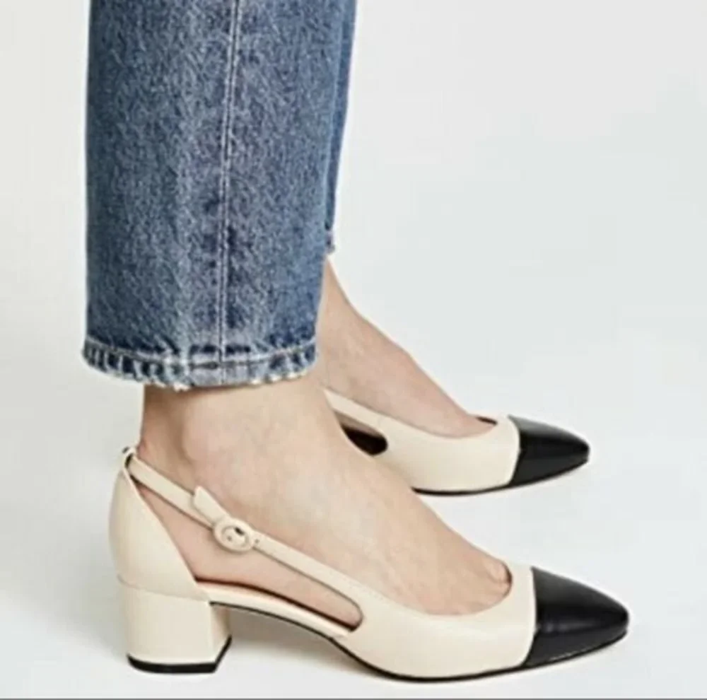 Sam Edelman Cream Black Two Tone Leah Cap Toe Slingback Pump Sandal Size 6 - Picture 1 of 11